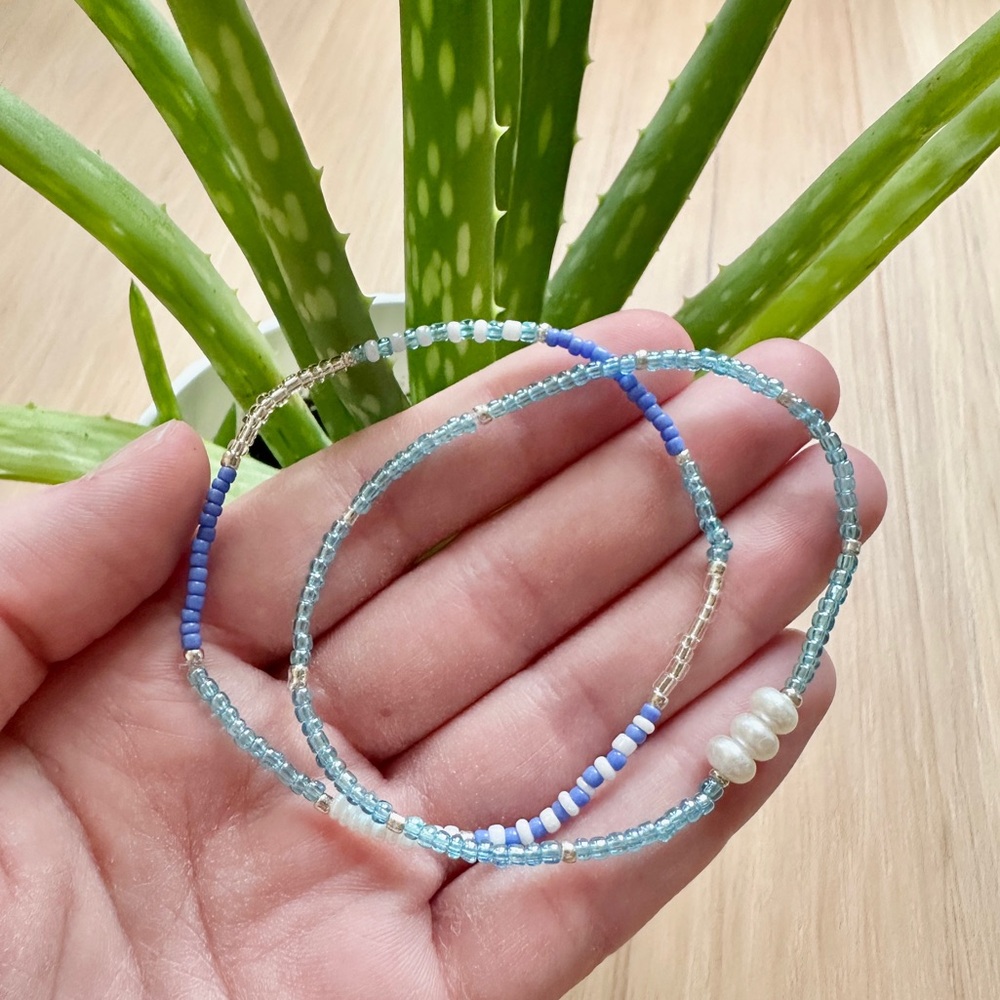 Handmade Glass Seed Bead Ocean Blue Pearl Stretch Bracelet 2 Pc. Boho Beach New